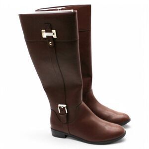 Karen Scott Womens Cognac Brown Buckle Accent Padded Deliee2 Round Toe Block Hee